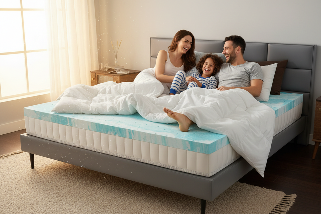 family enjoying morning in bed with cooling gel memory foam topper